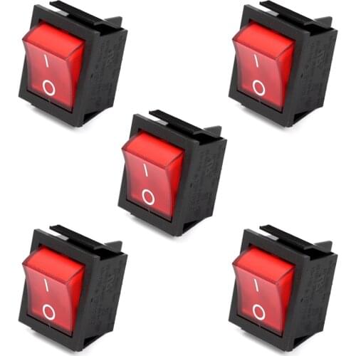5Pcs/Lot AC 16A/250V 16A/125V Boat Rocker Switches, DPST 4Pin 2 Position With Red Light Rocker Switch