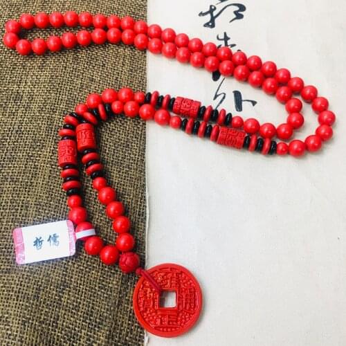 Zhe Ru natural cinnabar carved vintage Yong Zheng copper money pendant with two-color bead necklace men and women sweater chain