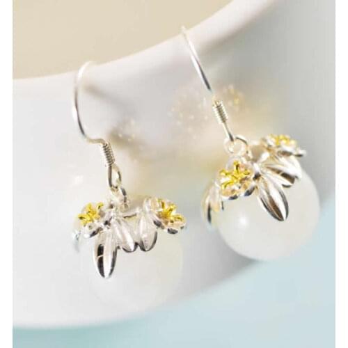 Pure S925 Silver Earrings Women White Jade Ball Flower Dangle Earrings
