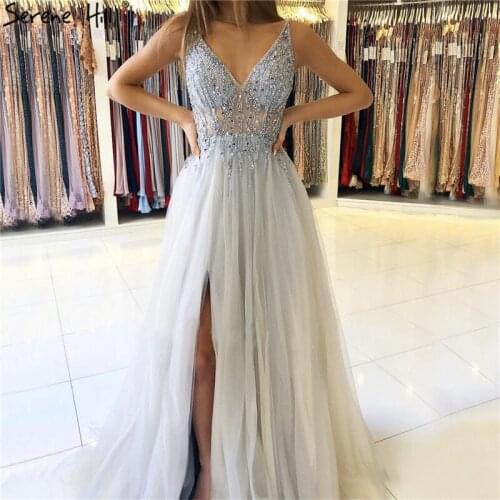 Dubai Grey Deep-V Tulle Sexy Evening Dresses Beading Sequined A-Line Formal Dress 2020 Serene Hill LA6223