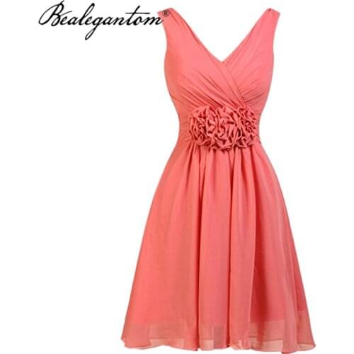 Elegant Cheap Short Chiffon Prom Dresses 2021 with V-Neck Beaded Zipper Evening Homecoming Party Gowns Robes De Soiree