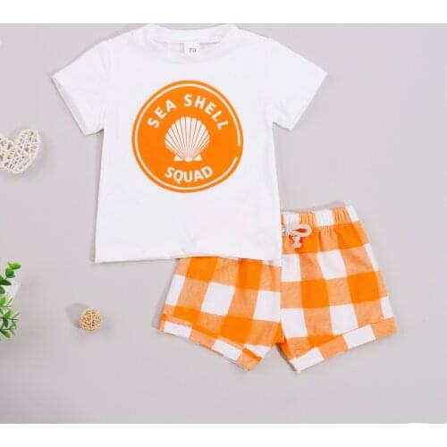 Children Baby Boys Girl 2pcs Fashion Outwear Casual Letter Short Sleeve T-shirt and Plaid Short Set Summer Cotton Soft Clothes