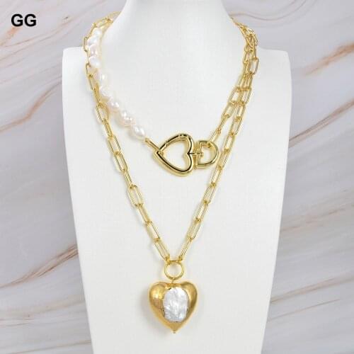 GuaiGuai Jewelry Natural 2 Rows Cultured White Baroque Pearl statement Chain Necklace Heart-Shaped Pearl Pendant Necklace