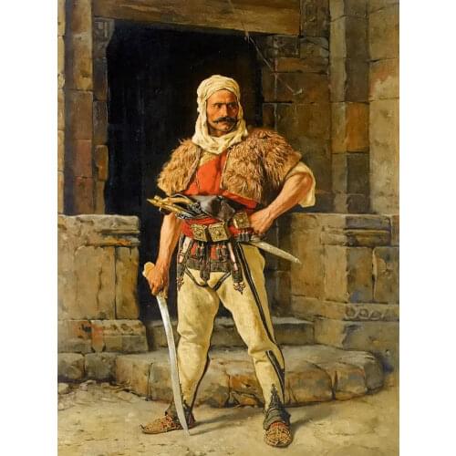 Oil painting paul joanovitch - a serbian warriors male portrait holding sword