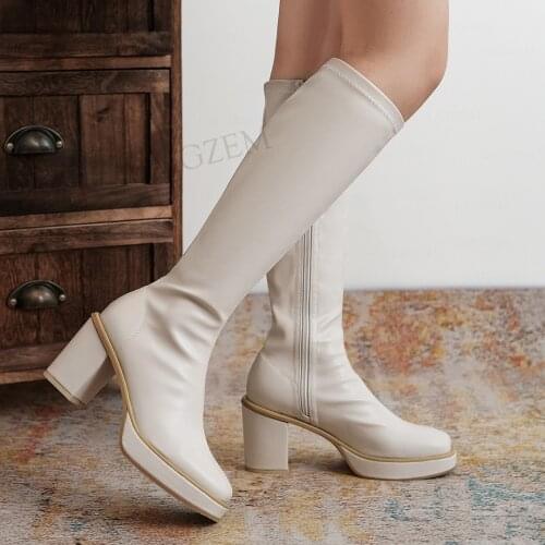 LAIGZEM Women Knee High Boots Side Zip Up 8CM Thick Heels Stretchy Tall Boots Ladies Female Shoes Woman Big Size 33 38 39 43