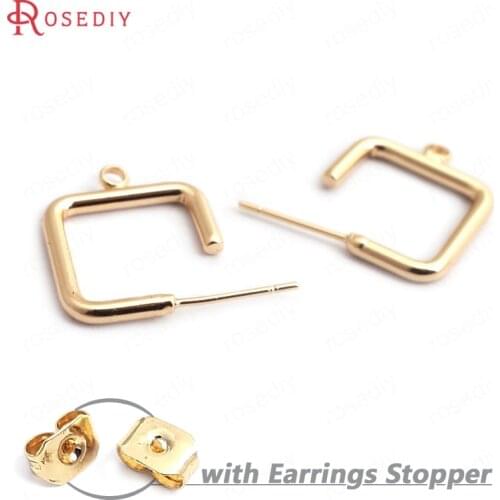 35240)10PCS Square 16MM Thickness 2MM 24K Gold Color Brass Square Stud Earrings High Quality Diy Jewelry Findings Accessories
