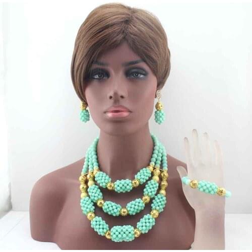 Fashion Mint Green 3row Beads Jewelry Sets 2016 Trendy Nigerian Wedding Necklace African Accessory Free Shipping W13595