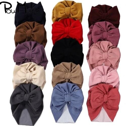 Powmuco Soft Skin-friendly Warm Cotton Infant Hats Double Layer Solid Color Bowknot Newborn Caps Fashion Bows Headwear Kids Gift