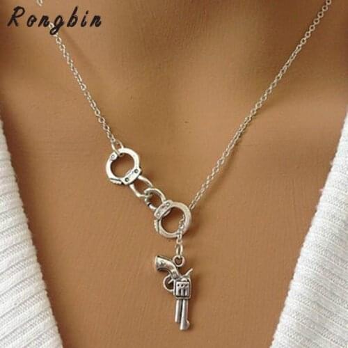 Handcuff Gun Pendant Necklace Vintage Choker Collar Statement Slidable Necklace Charms Pendant New Fashion Jewelry Women