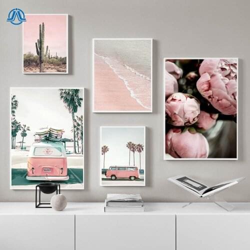 Pink Bus Cactus Flower Blue Sea Beach Wall Art Canvas Painting Nordic Posters And Prints Wall Pictures For Living Room Decor