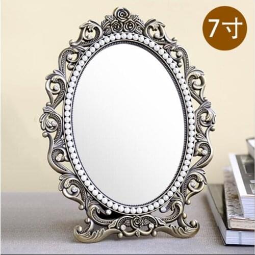 Retro desktop makeup cosmetic mirror floral embossed jewelry pearl-inlayed metal frame table decoration silver bronze 337B