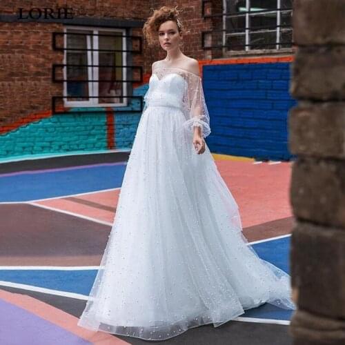 LORIE Princess Pearls Wedding Dresses 2020 Off The Shoulder Puff Sleeve robe de mariee Bridal Gowns For Women Plus Size