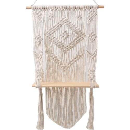 Handwoven Macrame Tapestry Rack Wall Hanging Shelf Storage Bohemian Tassel Wooden Shelves Home Decoration