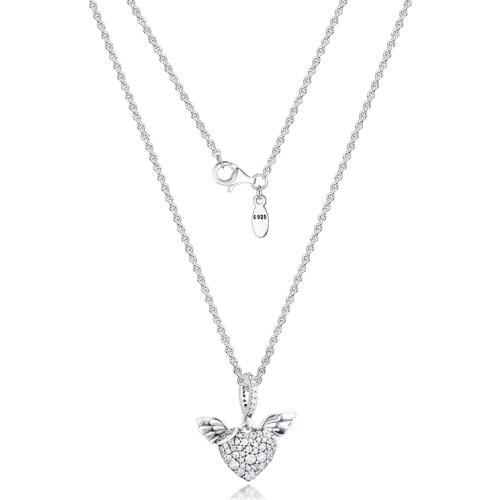 Genuine 925 Sterling Silver Chain Necklaces Pave Heart & Angel Wings Pendants Necklaces for Women Fine Jewelry collier N115