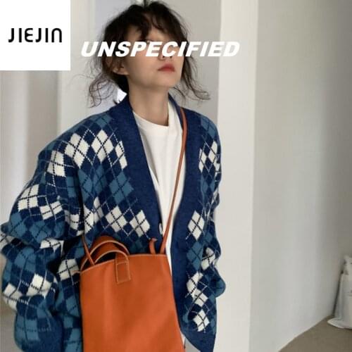 Vintage Plaid V-Neck Cardigans women Single Breasted Sweater Blue Argyle Print V Neck Korean Fashion Knitted Cardigans Jacket