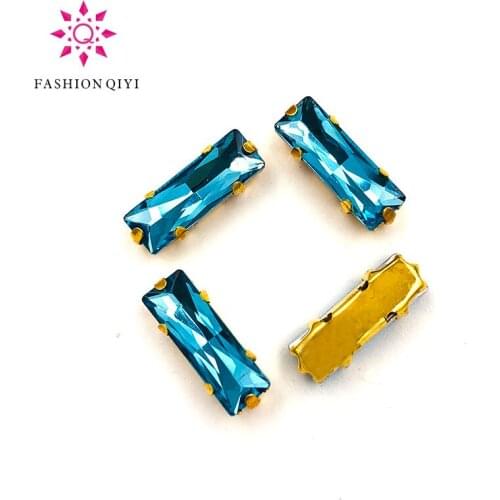 Factory outlet 5X10mm/5X15mm Lake blue sew on rhinestones gold bottom rectangle shape loose rhinestones DIY wedding decoration