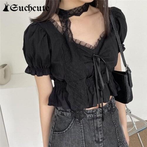 SUCHCUTE Gothic V Neck T-Shirts Vintage Short Sleeve Ruffles Women Cropped Tops Harajuku Casual Korean Style Bow Kawaii Clothes
