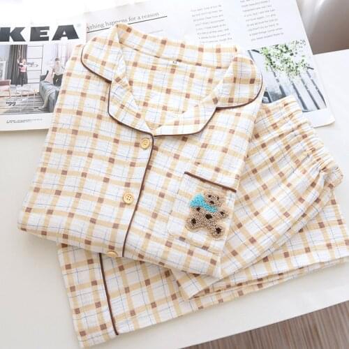 Sweet Plaid Bear 100% crepe cotton pajamas sets women sleepwear Japanese casual summer long sleeve sleepwear women pyjamas