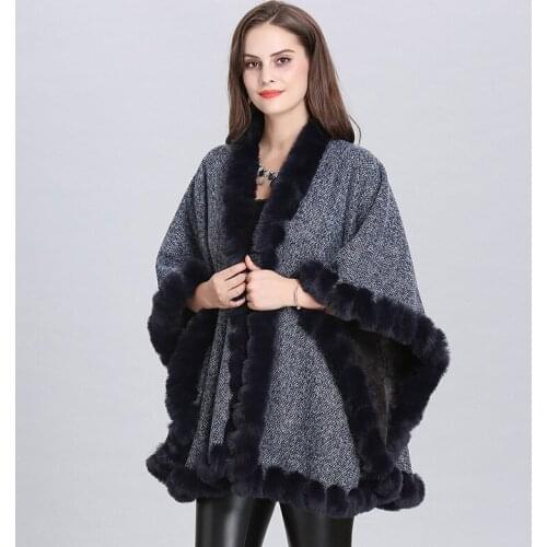 2020 Plus Velvet Poncho Women Faux Fox Fur Collar Cape Big Pendulum Dovetail Cardigan Winter Big Cloak Knitted Warm Thick Coat