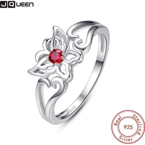 JQUEEN Authentic Silver Color Hollow Out Butterfly Red Crystal Finger Rings For Women Party Sterling Jewelry