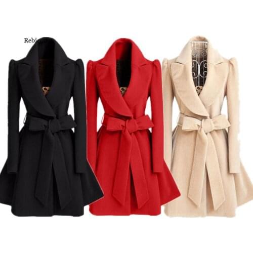 Womens Woolen Coat Waist Slim-Fitting Woolen Coat Woolen Trench Coat
