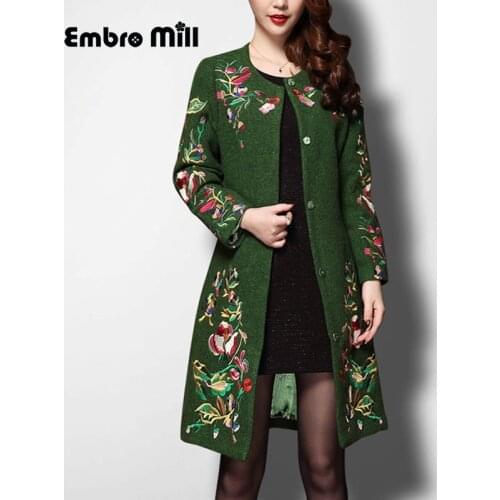 Vintage royal embroidery autumn & winter woolen coats woman Chinese style runway lady elegant plus size slim trench coat S-4XL