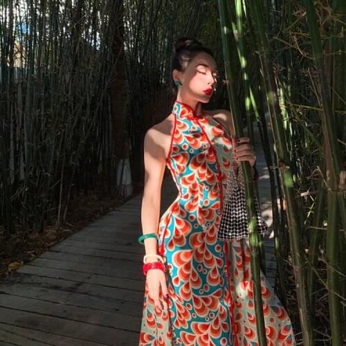 Le Palais Vintage Original Retro Contrast Color Collision Water Pattern Simulation Silk Show Thin Cheongsam Party Women Dress