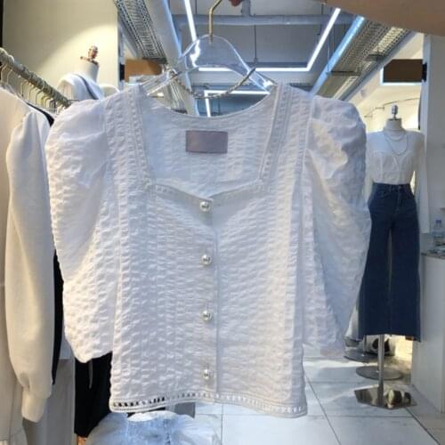 2021 Korean Version of The New Temperament Square Neck Fashion All-match Pearl Buttoned Puff Sleeve Shirt Blouse Trendy Shirt