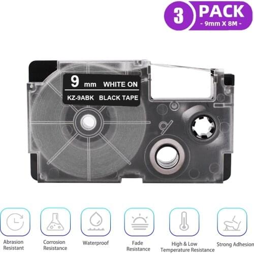 3Pcs 9mm Label Tape Compatible Tape Cartridge Ribbon for Casio KL-60/100/170/120/180/780/820/7400/8700/8800 Label Printer