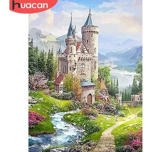 HUACAN 5d Diy Diamond Painting Castle Home Decor Diamond Embroidery Natural Building Landscape Mosaic Wall Stickers