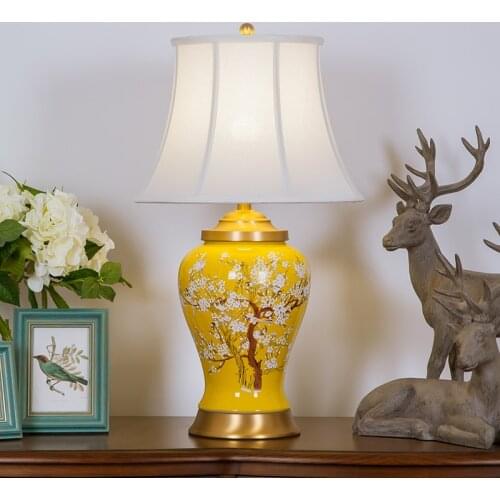 American Rural Yellow Flower And Bird Copper Porcelain Table Lamp For Home Decoration