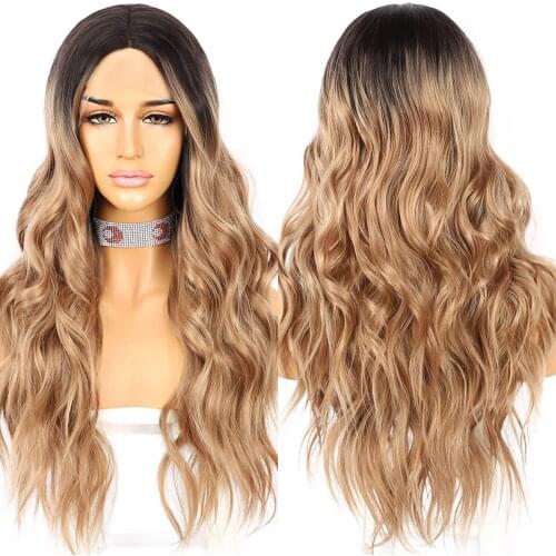 Krismile Long Wavy Synthetic Lace Wigs T Part Ombre Brown Middle Part Wig High Temperature Party Cosplay Daily for Women Wear