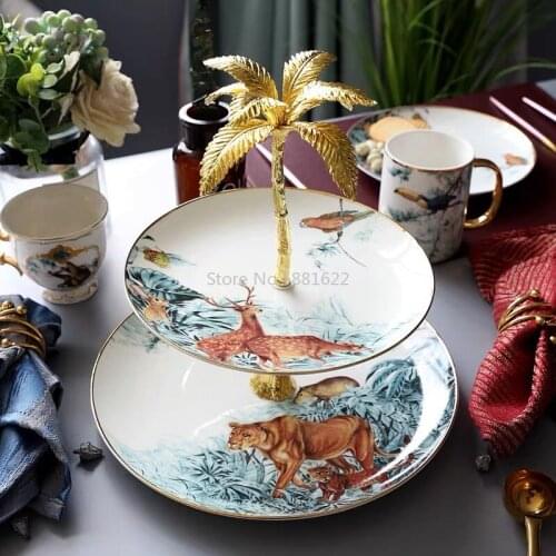 Double Layers Jungle Animal Cake Stand Cake Plate Snack Dish Tableware Luxury Dessert Tray Gift Home Decoration