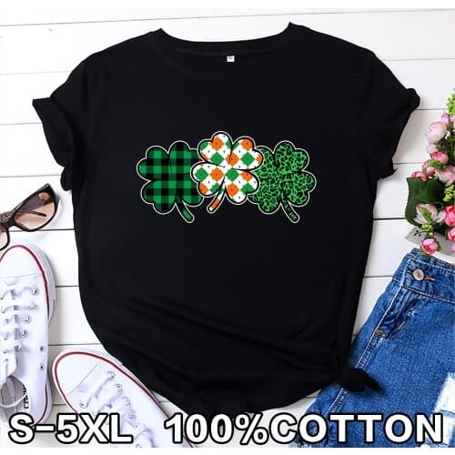 100% Cotton Summer Lucky Four Leaf Clover New Womens T-shirt O-Neck Harajuku Top Casual Female T shirt Oversized S-5XL