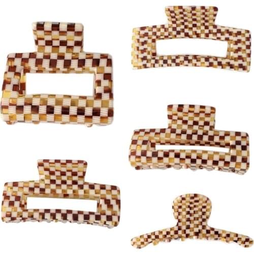 Geometric Acetate Hair Claw Banana Clip Vintage Coffee Plaid Lattice Ponytail Holder Barrette Hollow Out Hair Clamp