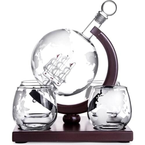 Whisky Decanter for Vodka Liquor Carafe Lead-free Whiskey Decanter Globe Set Elegant Wine Glass Sailboat Inner World Map Surface