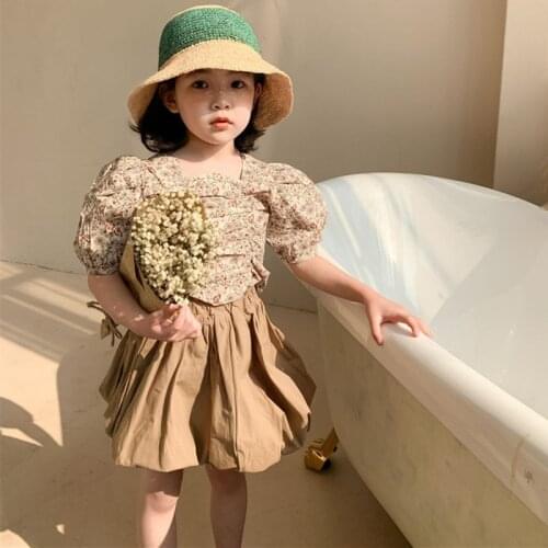 Children Girls Summer Clothing Sets New Fashion Puff Sleeve Floral Blouse Top+Bud Shorts Pants Two Piece Princess Outfits 2-7Yrs