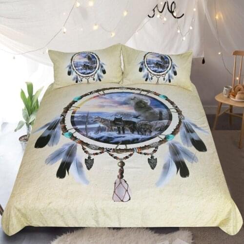 KTLRR 3D printed dreamcatcher duvet cover sets, retro dreamcatcher wolves 2/3 piece bedding set, suitable for home decoration