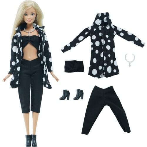 Cool Lady Ouftit Dots Coat Top Bra Pants Necklaces Boots Classic Black Girl Clothing for Barbie Doll Clothes and Accessories Toy