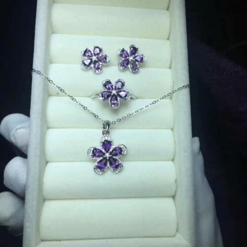 Natural Amethyst Set Fashion rings, necklaces, earpins. The Stone of Love 925 silver, silver, white, rose gold. Wedding gift