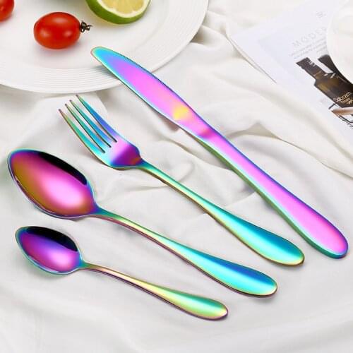 Rainbow Cutlery Sets Fork Spoon Knife Set Korean Kitchen Tableware 18/10 Stainless Steel Silverware Set Cutlery Knives Sets