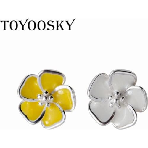 Real 925 Sterling Silver Primrose Flower Stud Earrings Yellow White Enamel Compatible with Jewelry with Cubic Zirconia