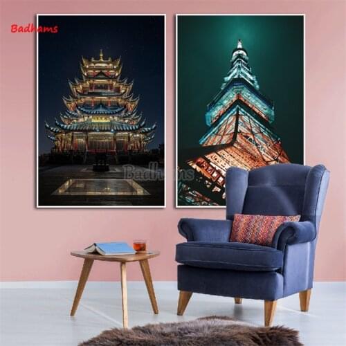 Poster Card Wall Stickers Room Decoration Accessories Pavilions Brightly Lit Canvas Pictures Architectural Painting