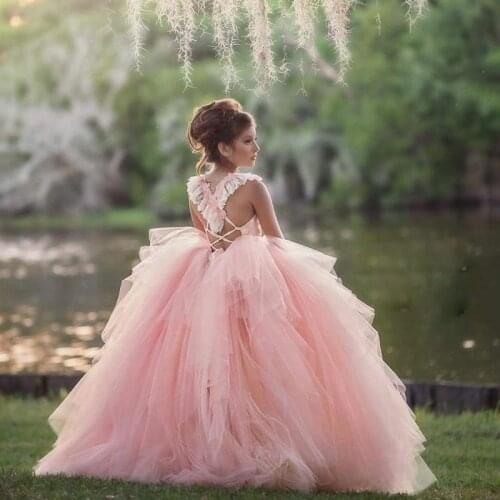 Pink Flower Girl Dresses for Wedding Layered Tulle Lace appliques Kids Gown pageant dresses for girls