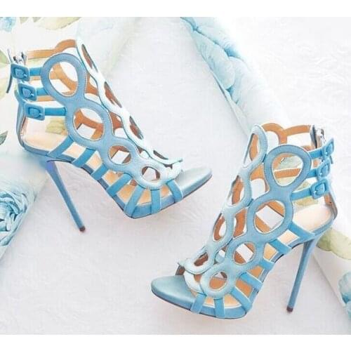 Womens Sandals Blue Suede Leather Cut-out Buckle Straps Cage Shoes Peep Toe Roman Sandals Women Fashion Ladies Shoes Gladiator