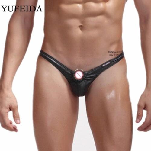YUFEIDA Sexy Lingerie Mens Underwear Faux Leather Black G-string Thongs Underpants Bulge Pouch Mens Thongs Panties Tangas Exotic