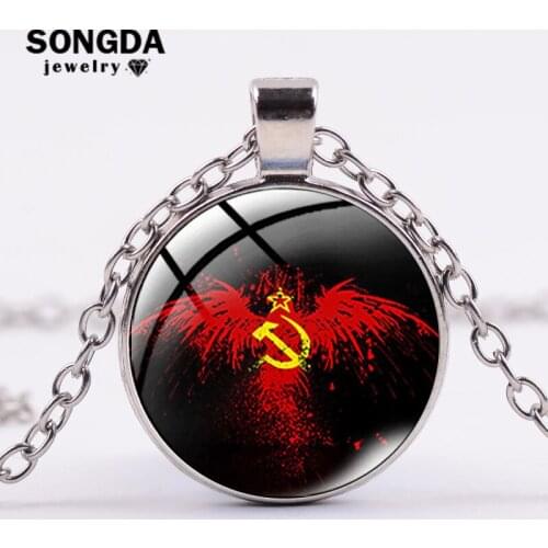 SONGDA Vintage CCCP USSR Soviet Pendant Necklace Punk Metal Chain Sickle Hammer Russia Emblem Communism Glass Art Photo Necklace