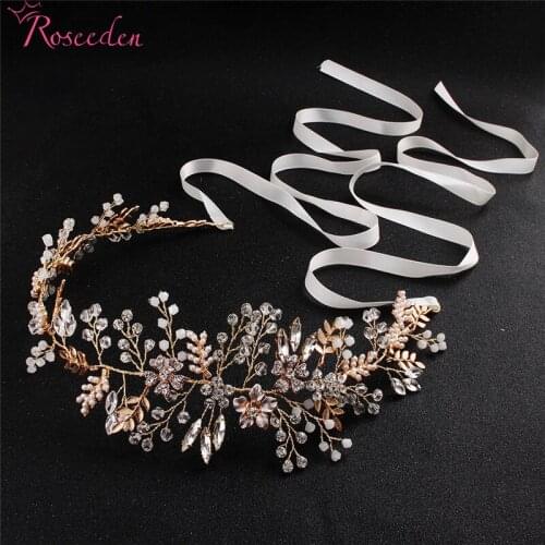 Handmade Rhinestones Crystals Pearls Flower Wedding Tiara Headband Bridal Gold Hair Vine Hair Accessories Bridesmaids RE3314