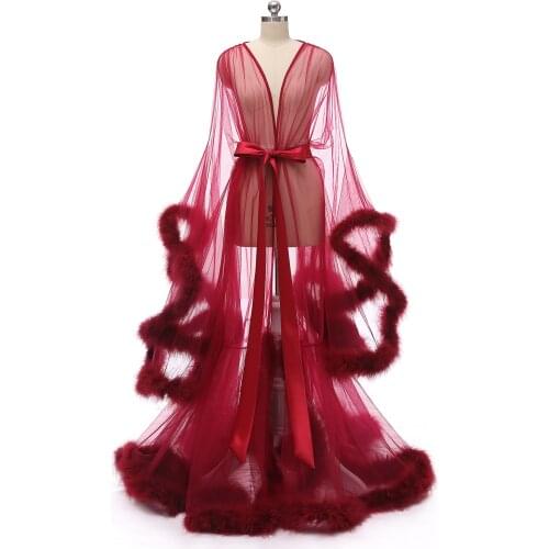 Wedding Bridal Boudoir Robe Pink Feather Bridal Sheer Robe Tulle Illusion Long Birthday Feather Robe Costume Made Sexy Feather