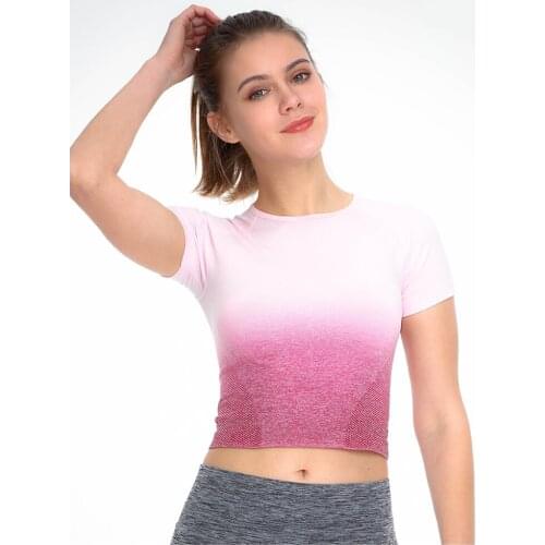 TFSCLOIN New Gradient Women Sport Crop Top Female Elastic Breathable Workout T Shirt Fitness Running Yoga Top